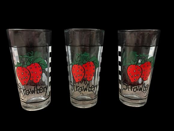 KIG Other - Vintage KIG 3 Glass Set cocktail Tumbler Strawberries & Checkerboard    Kitschy